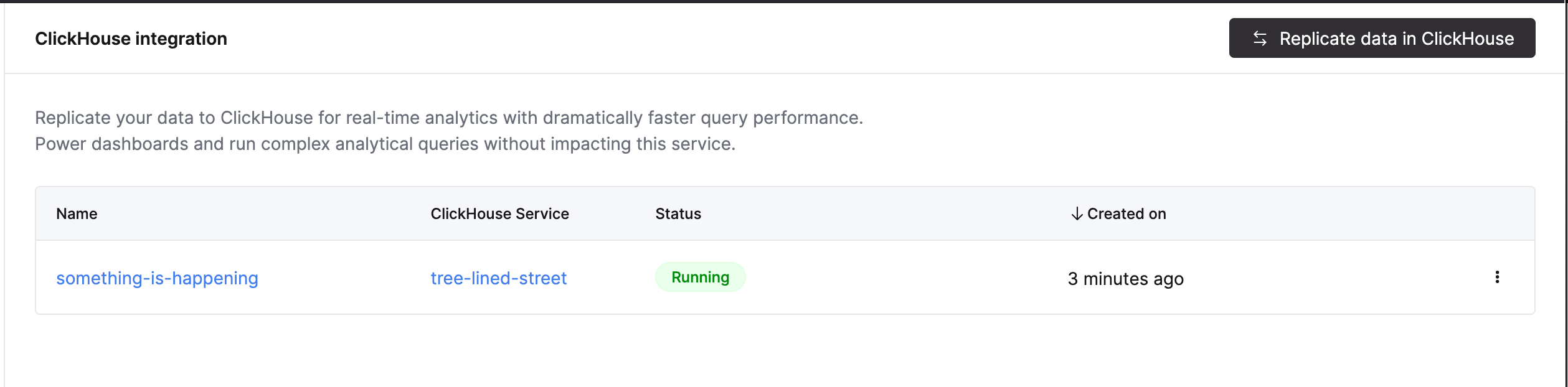 Список интеграций с ClickHouse, показывающий запущенный ClickPipe с его целевым сервисом и статусом