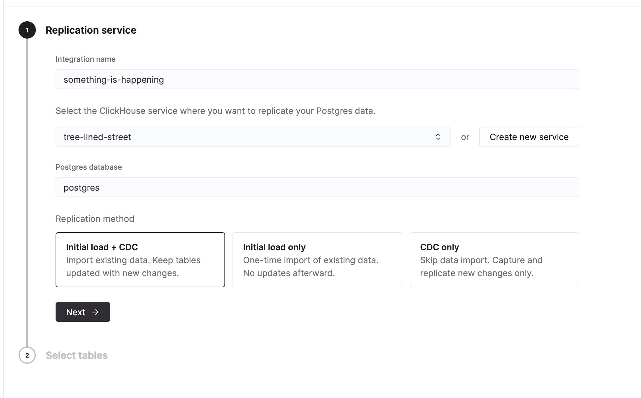 Конфигурация сервиса репликации, показ�ывающая имя интеграции, целевой сервис и параметры метода репликации