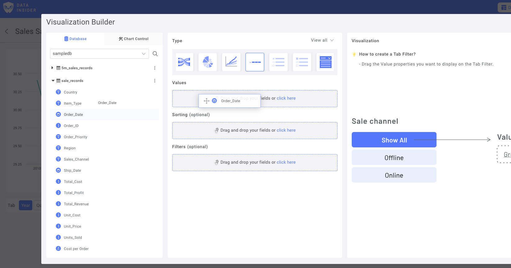 Интерфейс выбора поля даты в Rocket BI с доступными столбцами даты